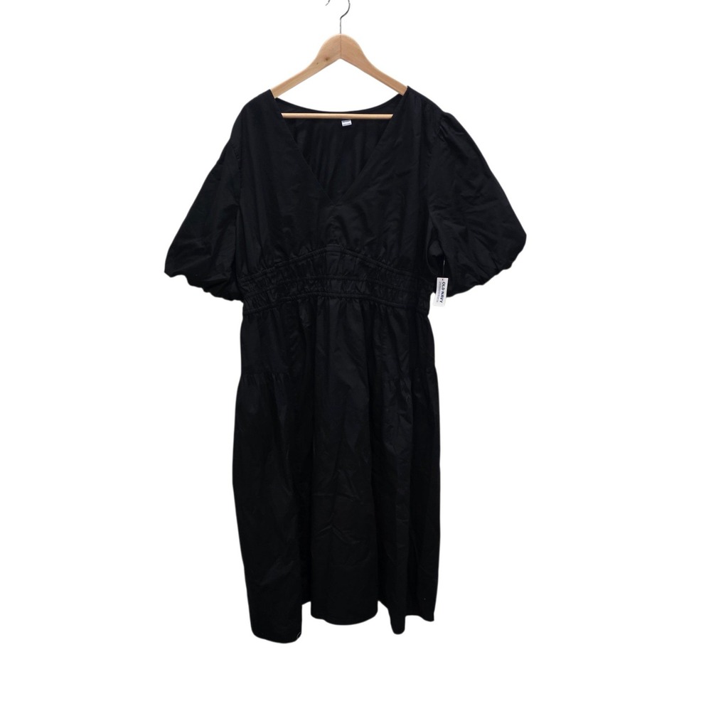 Old Navy Fit & Flare Puff Sleeve Midi Dress XXL Black Cotton Smocked Waist